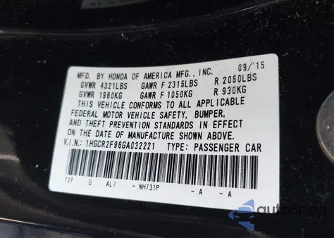 2016 Honda Accord Ex-L from USA, damaged, VIN 1HGCR2F96GA032221